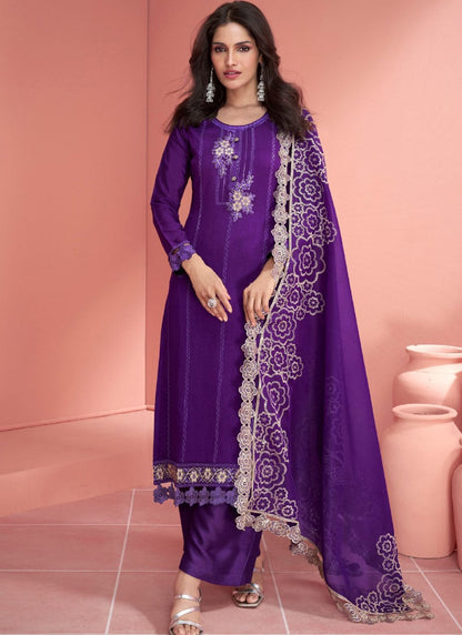 Violet Silk Straight Cut Salwar Suit With Embroidery Work