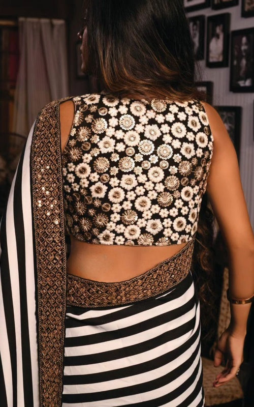 Black & White Faux Georgette Saree With Digital Print with Sequins Lace work-2