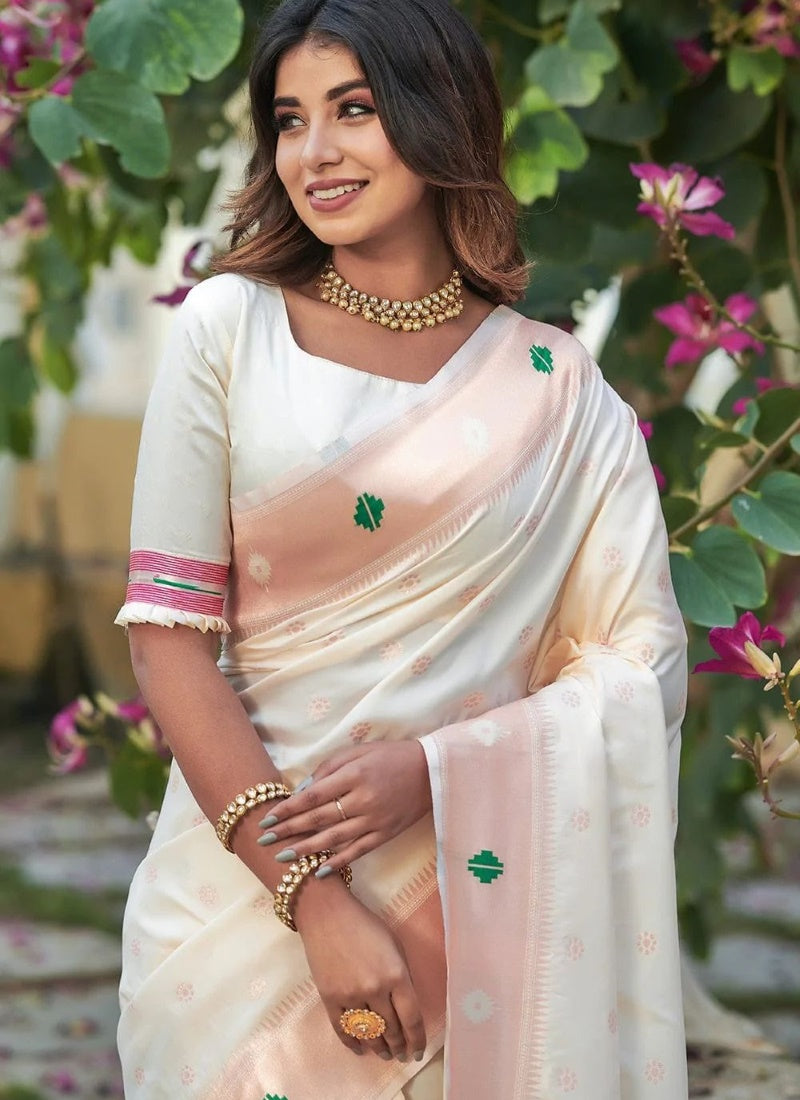 Off White Silk Saree with Golder Border Weaving-2