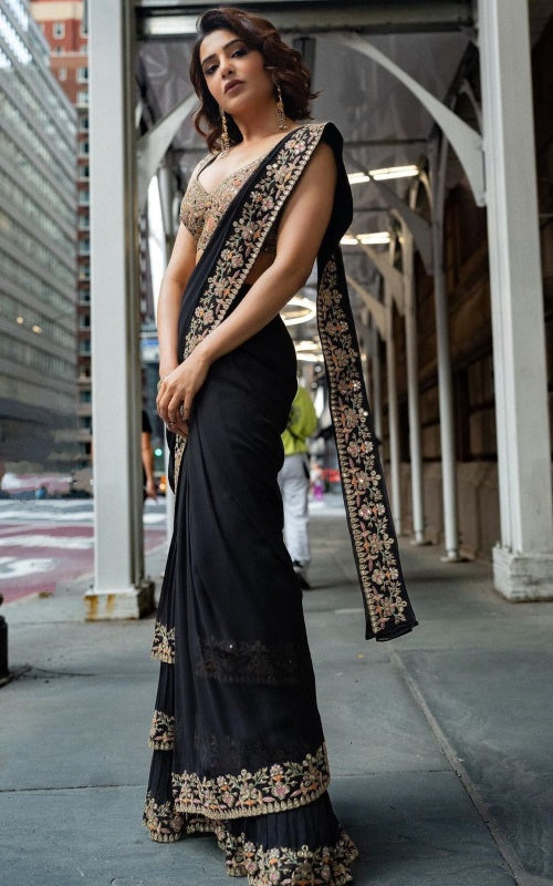 Black Faux Georgette Saree with Thread and Sequins Work