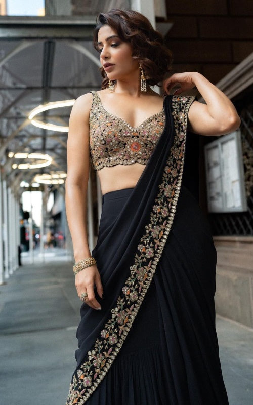 Black Faux Georgette Saree with Thread and Sequins Work-2