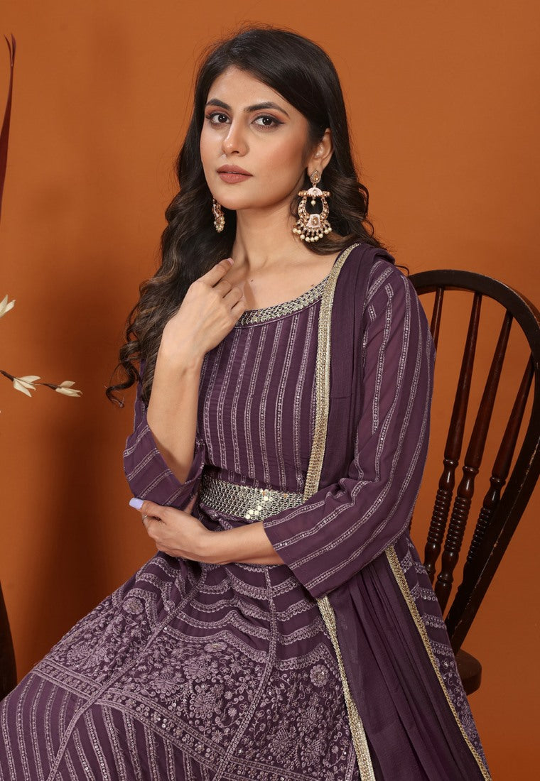 Purple Georgette Anarkali Suit with Heavy Embroidered Work