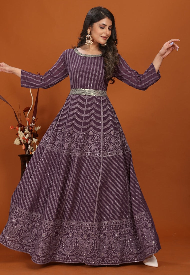 Purple Georgette Anarkali Suit with Heavy Embroidered Work