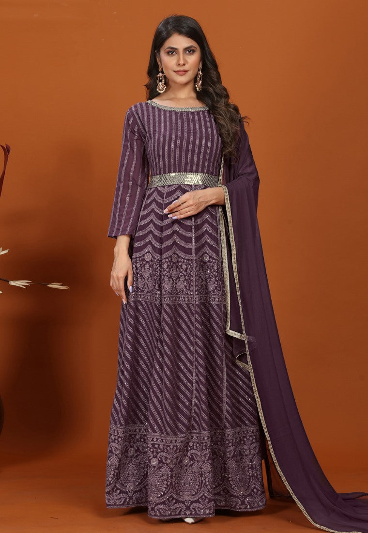 Purple Georgette Anarkali Suit with Heavy Embroidered Work