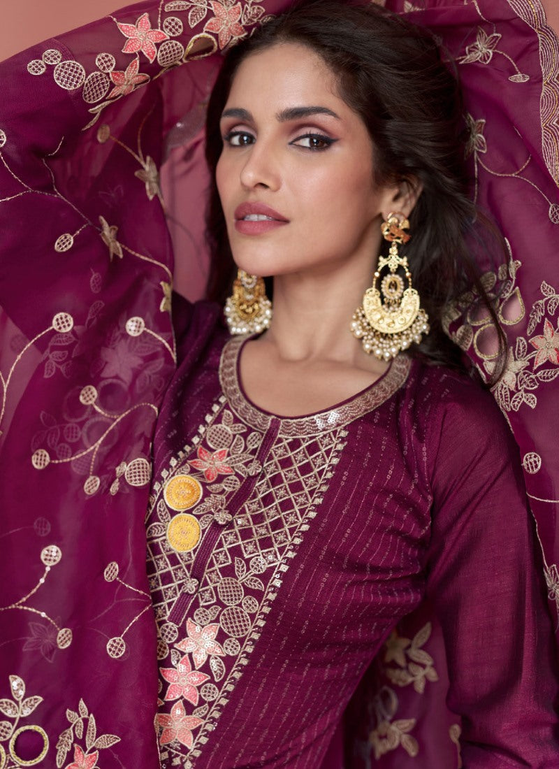 Maroon Silk Straight Cut Salwar Suit With Embroidery Work