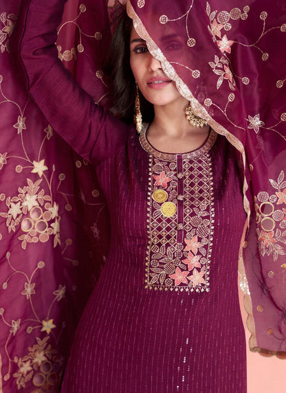 Maroon Silk Straight Cut Salwar Suit With Embroidery Work