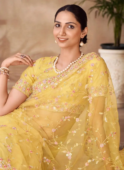 Yellow Net Party Wear Saree With Sequins, Thread and Zari Work