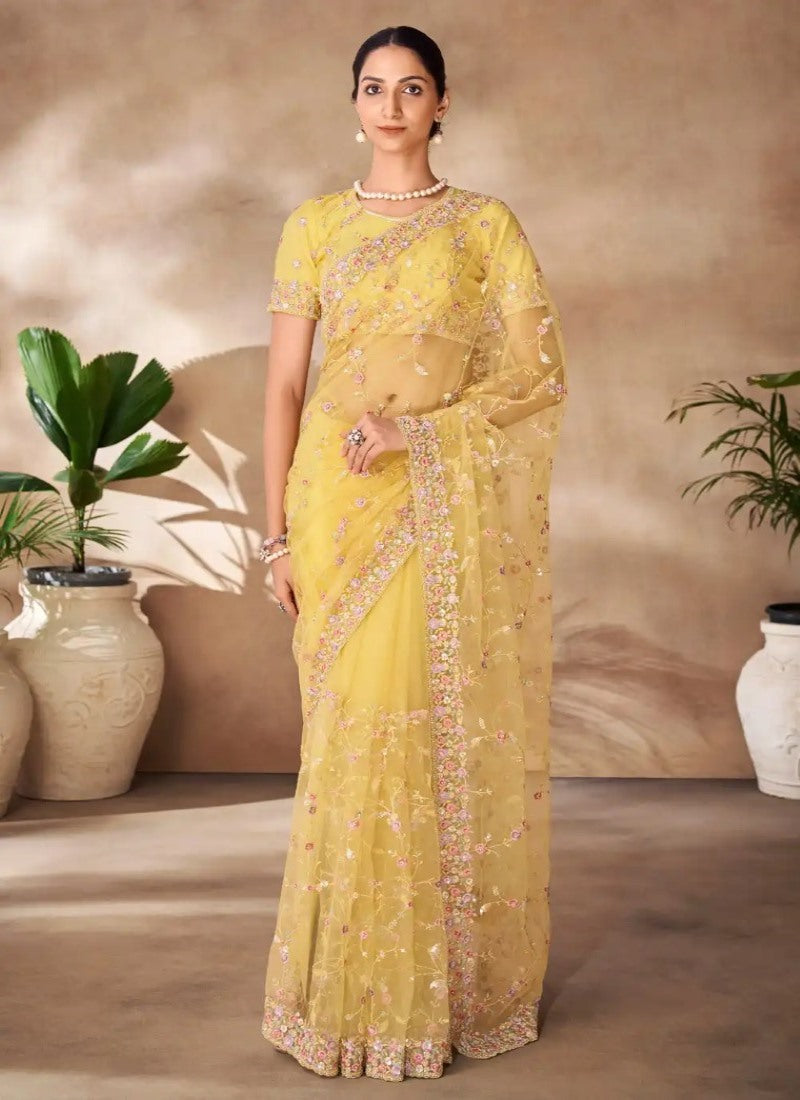 Yellow Net Party Wear Saree With Sequins, Thread and Zari Work