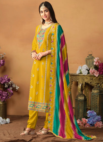 Yellow Silk Pant Style Salwar Suit