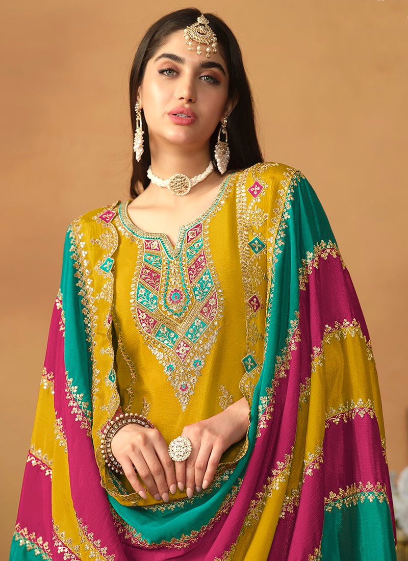 Yellow Silk Pant Style Salwar Suit