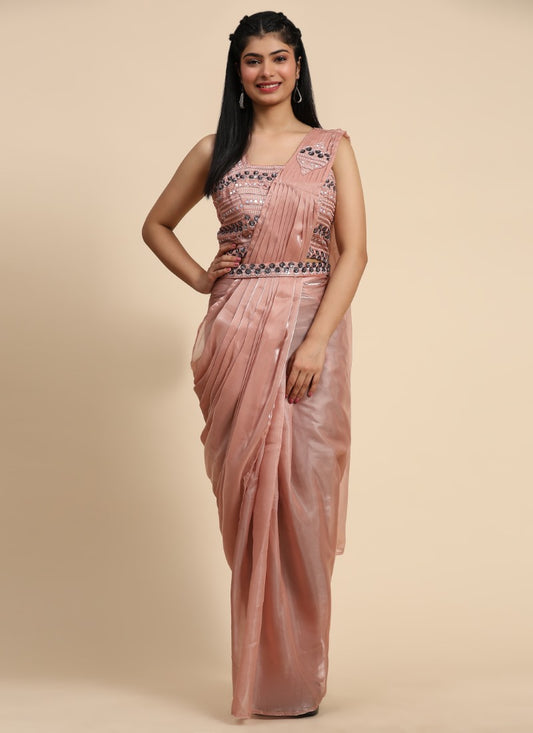 Peach Organza Saree With Embroidery and Thread Work