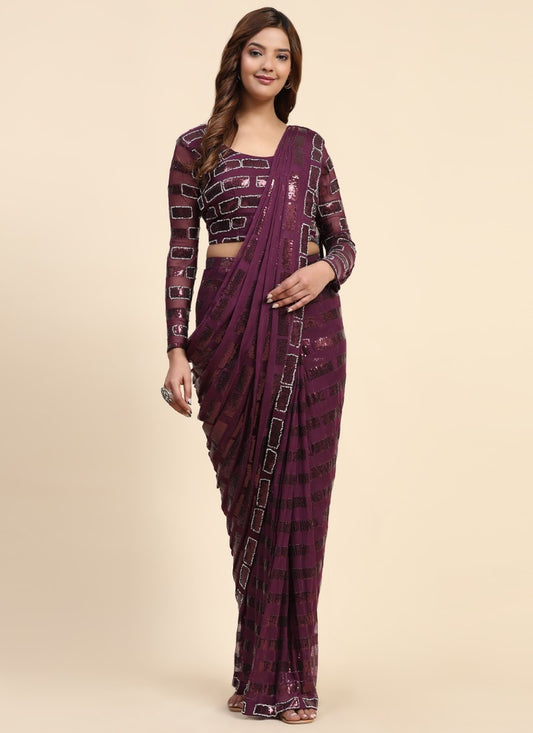 Purple Party Wear Saree With Sequins Work