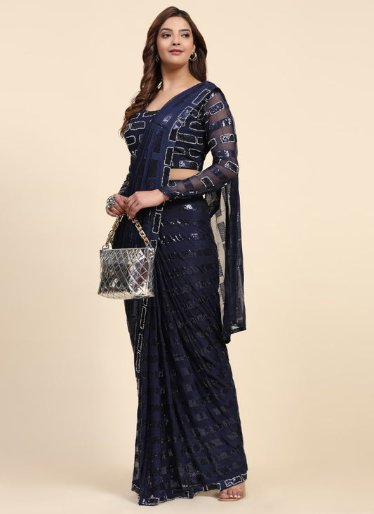 Navy Blue Party Wear Saree With Sequins Work