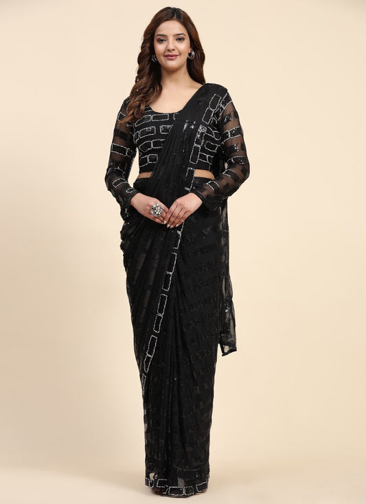 Black Party Wear Saree With Sequins Work