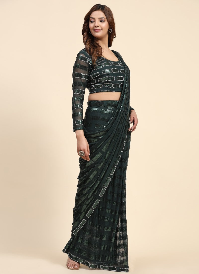 Green Party Wear Saree With Sequins Work