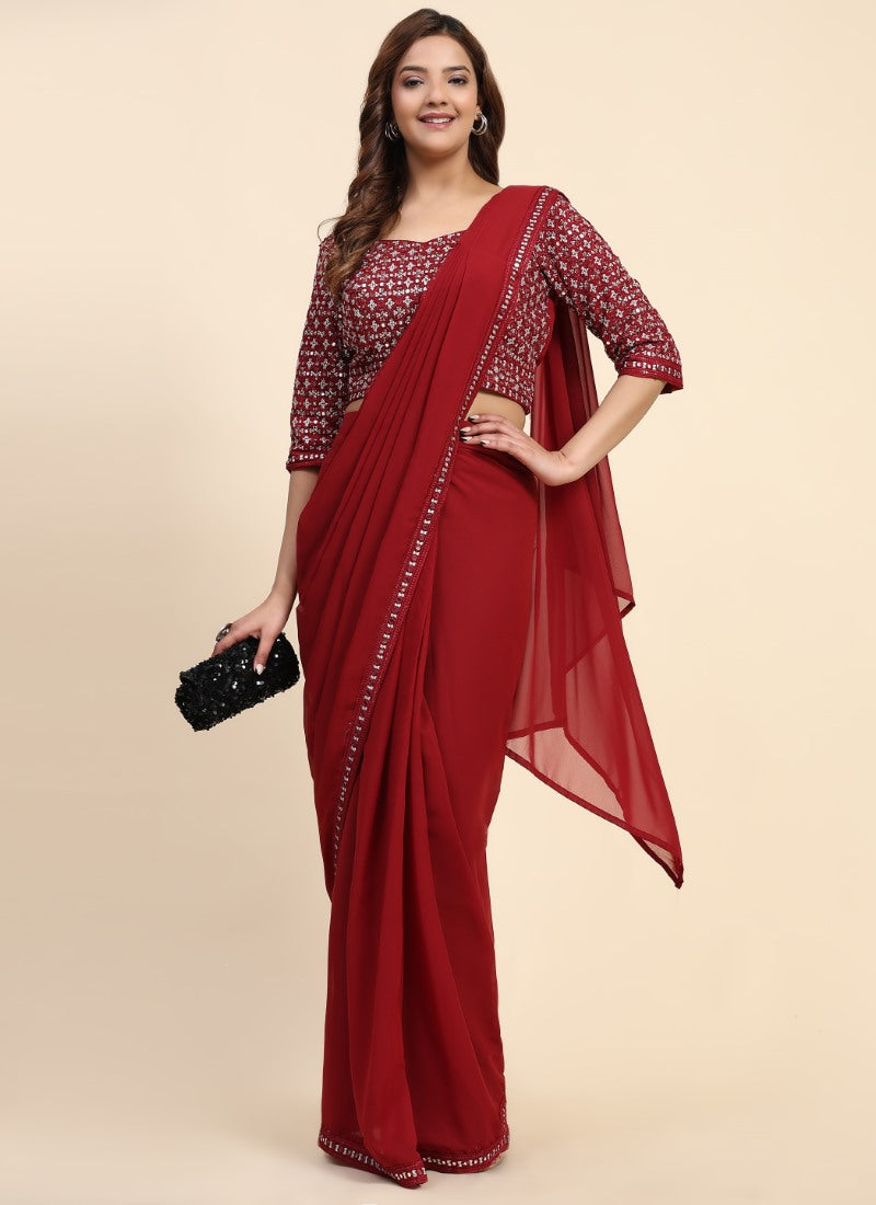 Red Georgette Ready Made Party Wear Saree with Thread and Stone Work