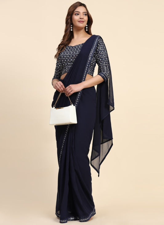 Navy Blue Georgette Ready Made Party Wear Saree with Thread and Stone Work