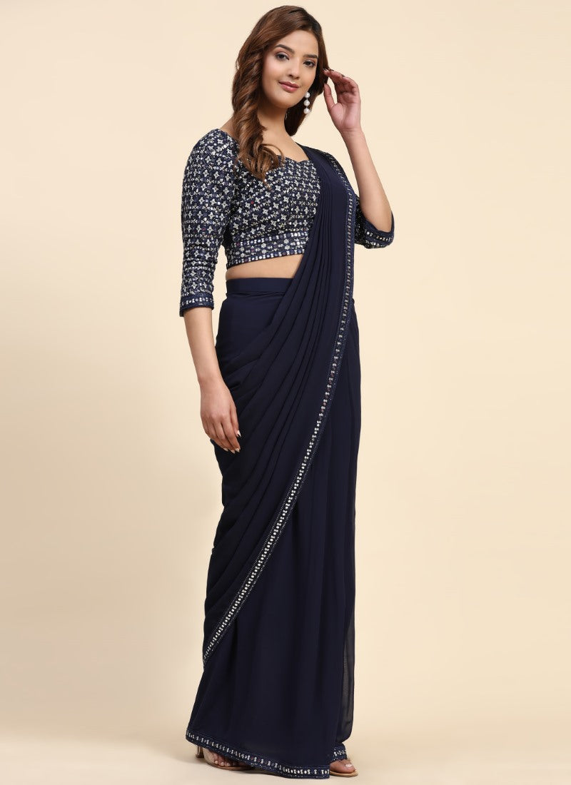 Navy Blue Georgette Ready Made Party Wear Saree with Thread and Stone Work