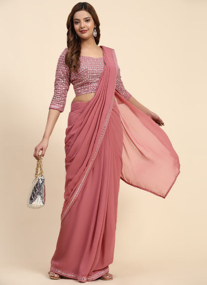 Pink Georgette Ready Made Party Wear Saree with Thread and Stone Work