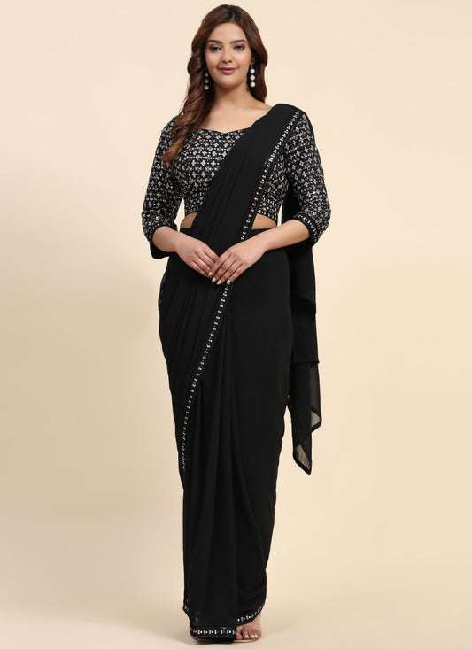 Black Georgette Ready Made Party Wear Saree with Thread and Stone Work