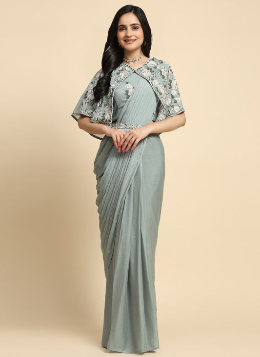 Gray Party Wear Saree With Cape and Embroidery Work