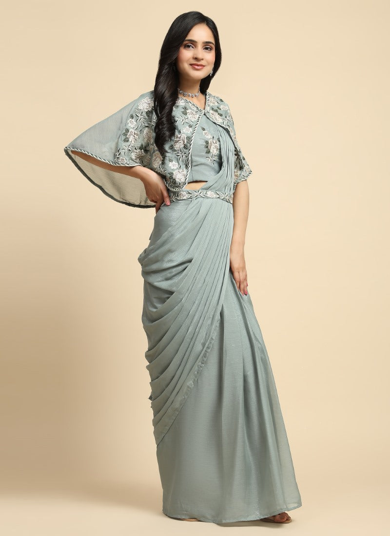 Gray Party Wear Saree With Cape and Embroidery Work