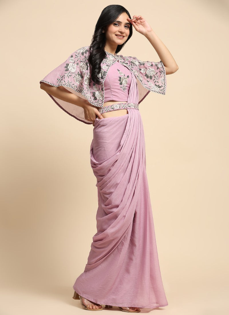 Pink Party Wear Saree With Cape and Embroidery Work