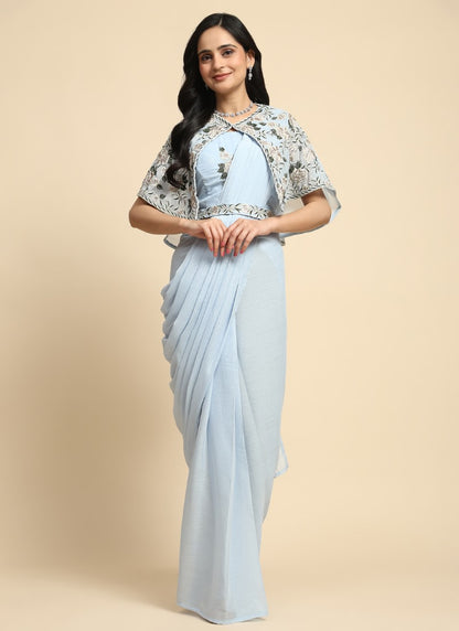 Sky Blue Party Wear Saree With Cape and Embroidery Work