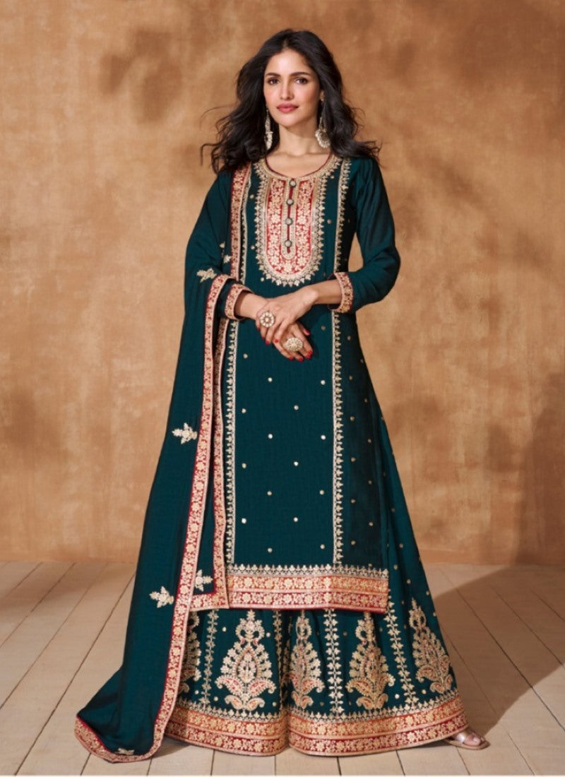 Teal Blue Silk Wide Palazzo Salwar Suit With Embroidery Work