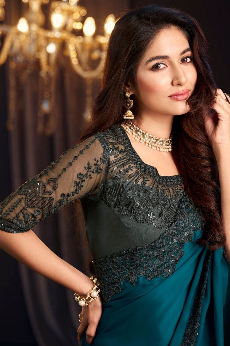 Teal Blue Georgette Designer Saree with Embroidery Work