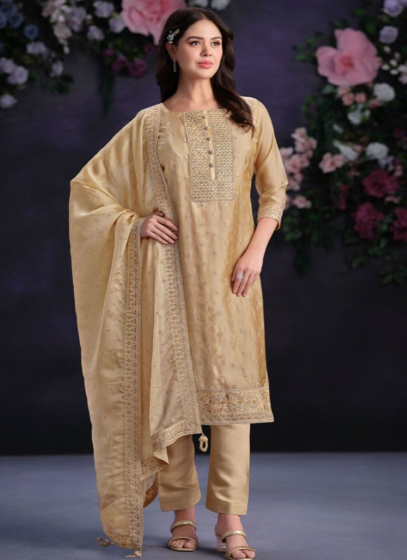 Brown Pant Style Salwar Suit with Thread and Sequins Work