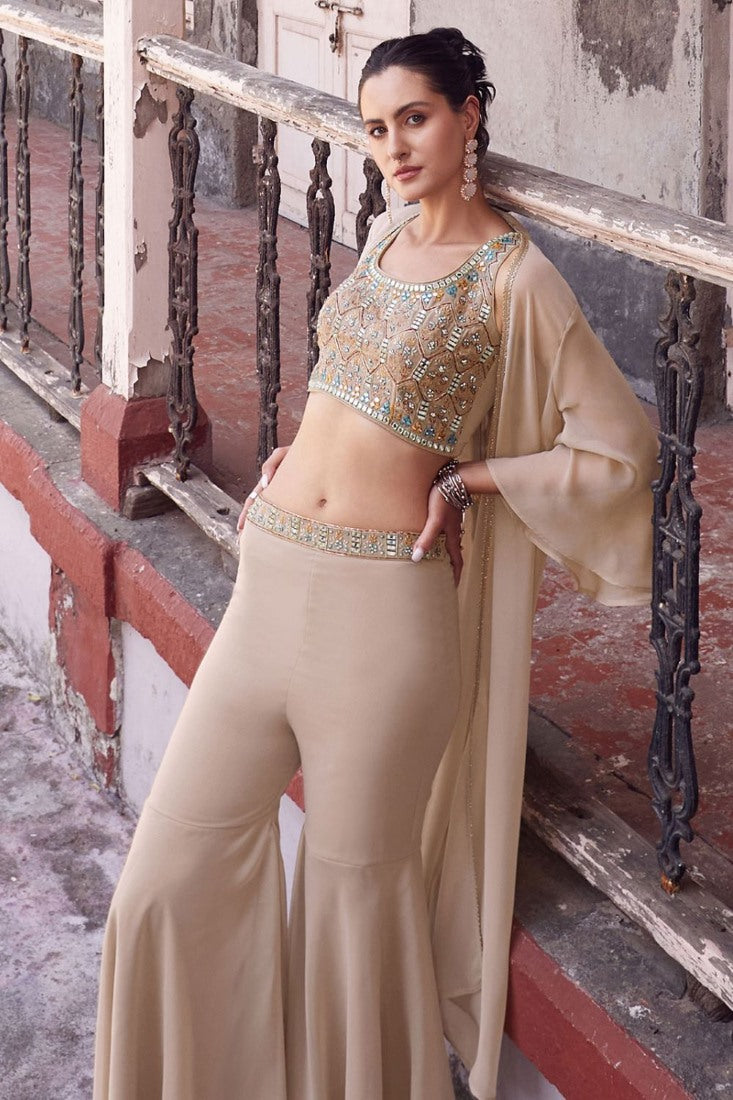 Beige Georgette Indo Western Sharara Suit