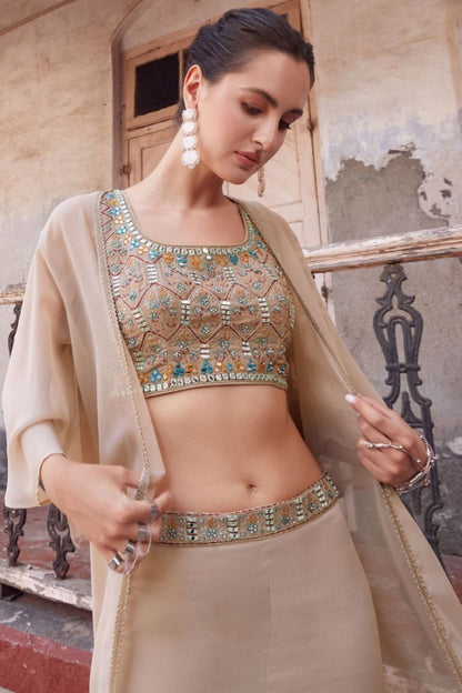 Beige Georgette Indo Western Sharara Suit