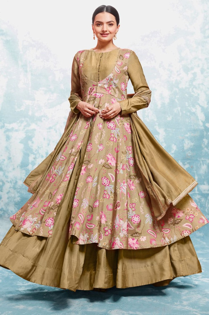 Brown Georgette Printed Anarkali Suit