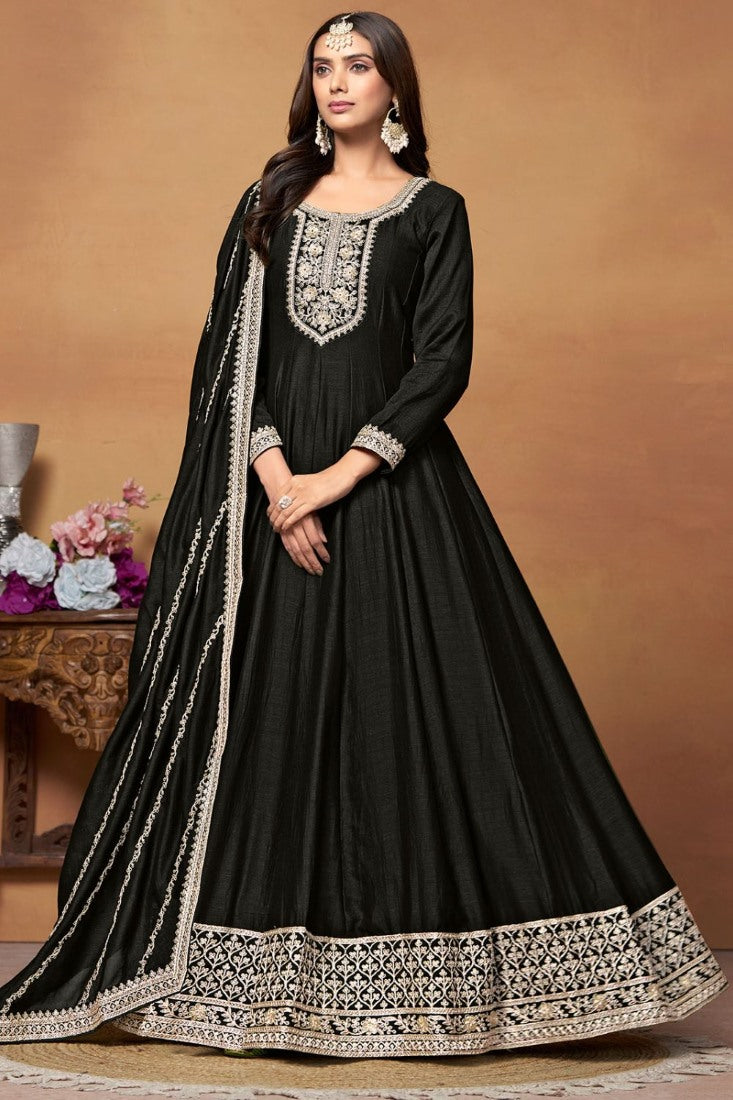 Black Art Silk Anarkali Suit With Embroidery Work