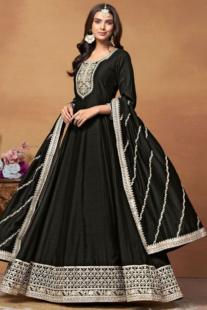 Black Art Silk Anarkali Suit With Embroidery Work