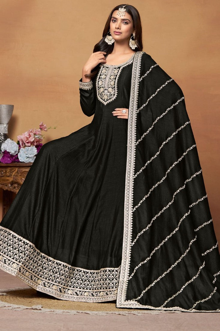 Black Art Silk Anarkali Suit With Embroidery Work