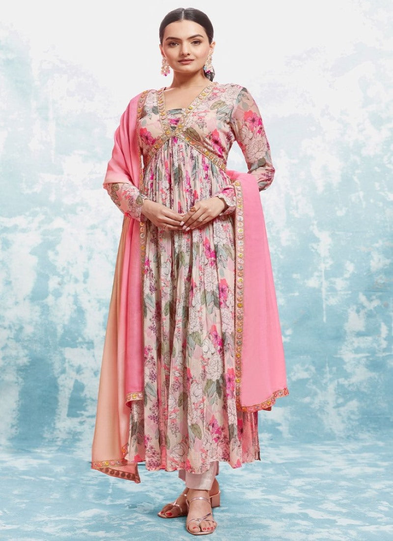 Pink Georgette Printed Anarkali Suit