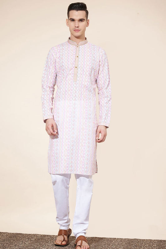 Light Pink Cotton Printed Kurta Pajama With Lucknowi, Sequins and Thread Work