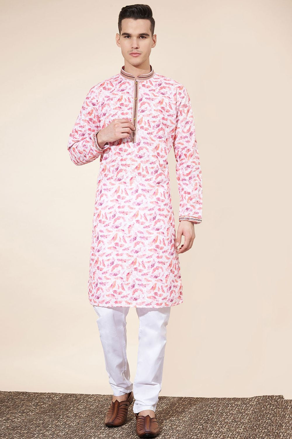 Pink Cotton Printed Kurta Pajama With Lucknowi, Sequins and Thread Work