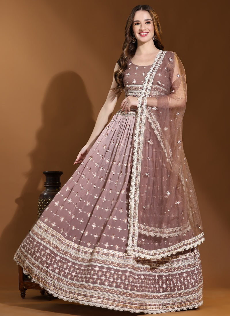 Light Brown Viscose Lucknowi Lehenga Choli With Thread Work