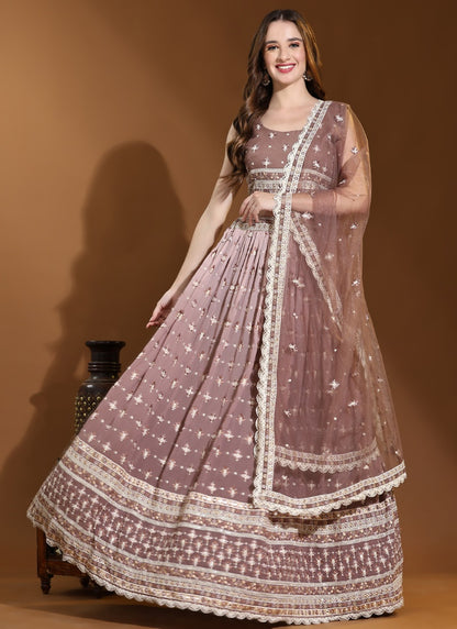 Light Brown Viscose Lucknowi Lehenga Choli With Thread Work