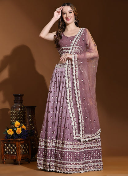 Light Purple Viscose Lucknowi Lehenga Choli With Thread Work-2