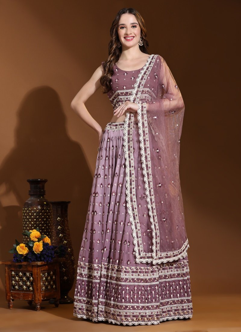 Light Purple Viscose Lucknowi Lehenga Choli With Thread Work