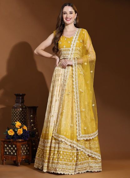 Yellow Viscose Lucknowi Lehenga Choli With Thread Work