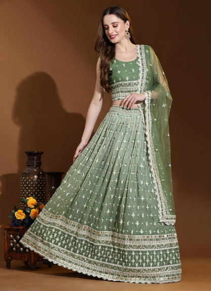 Light Green Viscose Lucknowi Lehenga Choli With Thread Work-2