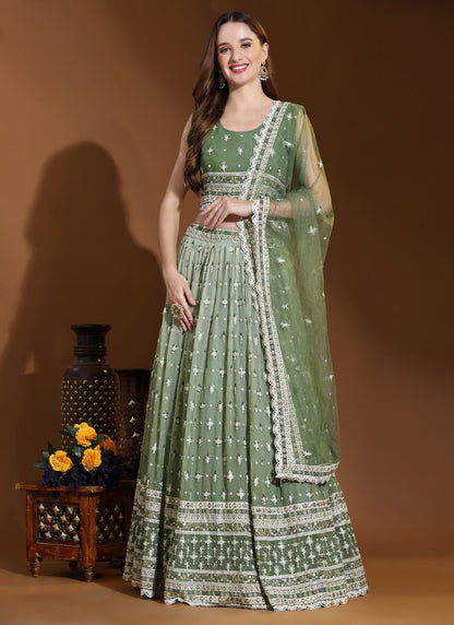 Light Green Viscose Lucknowi Lehenga Choli With Thread Work