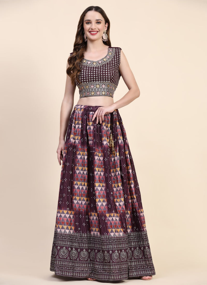 Wine Chinon Engagement Lehenga Choli With Sequins Work