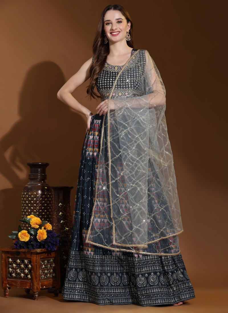 Blue Chinon Engagement Lehenga Choli With Sequins Work