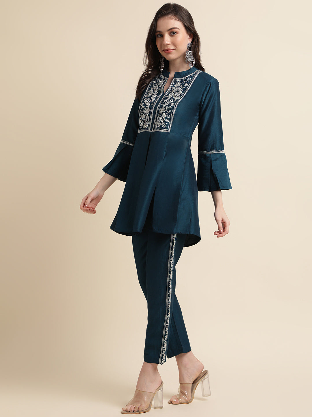 Blue Chinon Embroidered Kurti